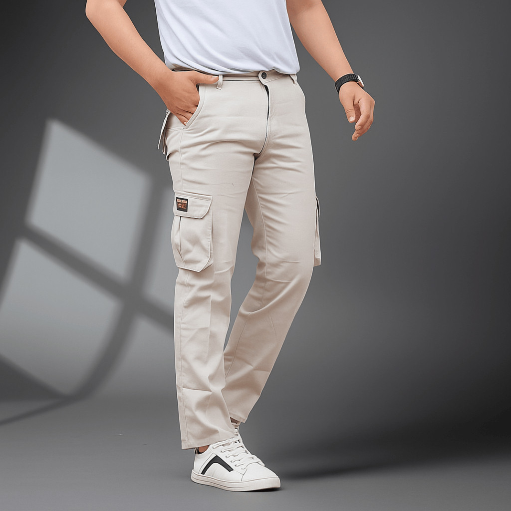 CELANA  CARGO PRIA PANJANG  PREMIUM Cream Putih Bahan Tebal Strecth Melar