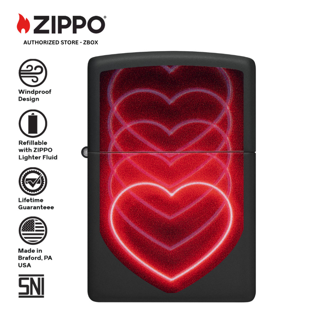 ZIPPO Original 48593 Hearts Design - Black Matte with Black Light Colour Image - Korek Api Windproof