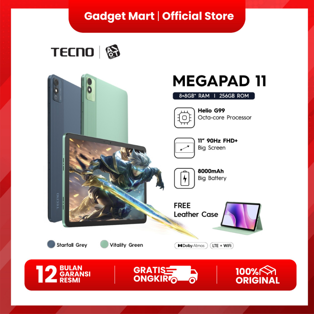 TECNO MEGAPAD 11 8/256GB, 11 inch Ultra Screen with Eye Care Mode, Sim Card + T-Flash, 8000mAh, 18W 