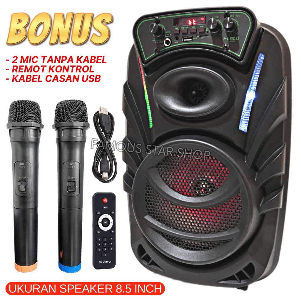 Speaker Bluetooth Karaoke Fleco F-8606F /8,5 Inch Gratri 2 Buah Mic Wireles Tersambung otomatis + Bi