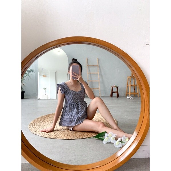 FIROSADA  THEA TOP - Korean Ruffle Square Blouse Wanita Lengan Pendek Motif Kotak - Kotak