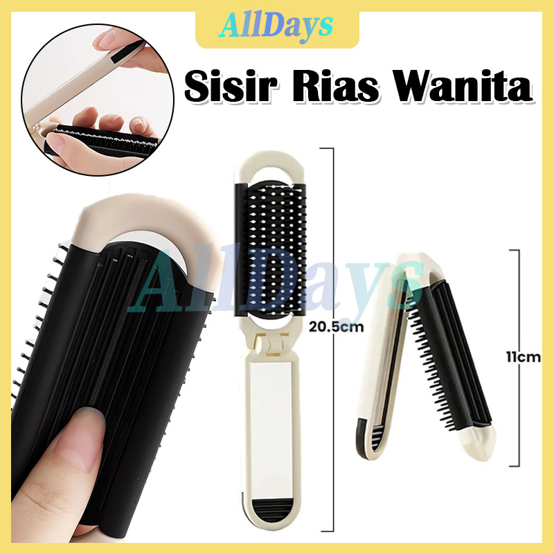2in1 Sisir Lipat Mini dengan Cermin/Sisir Pijat Portabel Travel/Sisir Rias Wanita/Sisir Rambut Lipat