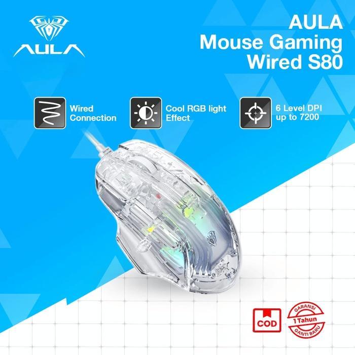 AULA S80 Mouse Gaming Transparant RGB backlit Optical Good-looking Click Drag White Transparent Wire