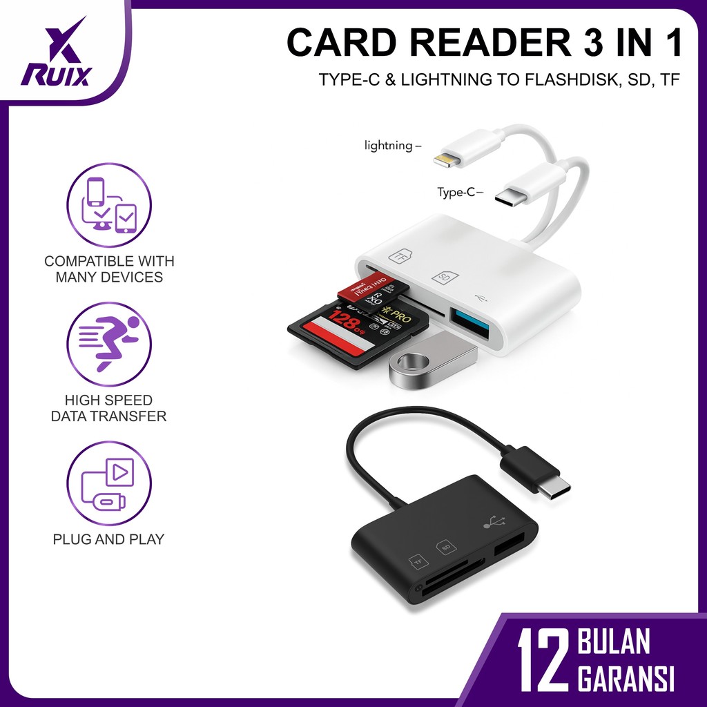 Card Reader 3in1 OTG HUB Micro USB dan Type C - Lightning - USB Flashdisk - SD Card - MicroSD Card