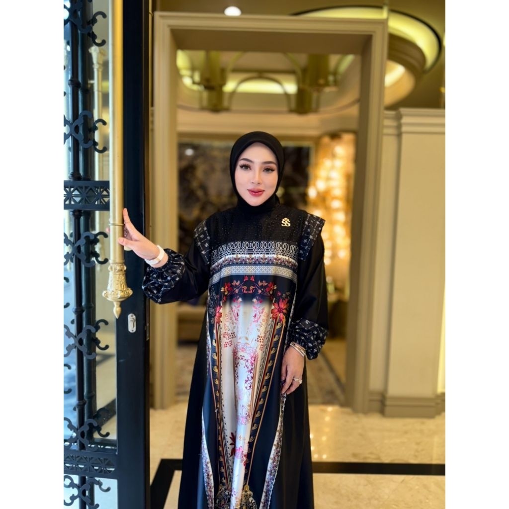 PROMO Shellasaukia Official Baju Abaya Ori Dress Silk Printing Hitam Rindu Gamis Terbaru Shellasauki