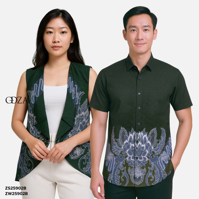 Odza Batik Couple Keluarga Kemeja Hem Pria Baju Lengan Pendek Outer Rompi Vest Pasangan Motif Hijau 