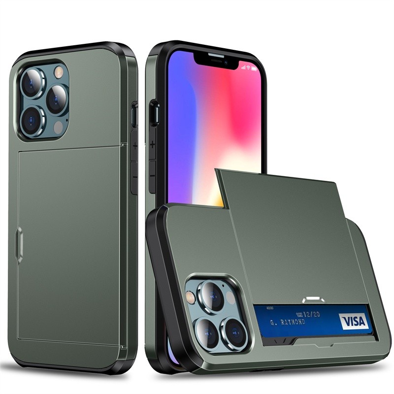 Dompet Pemegang Kartu Kredit ID Slot Kasus Telepon Untuk iPhone 14 Pro Max Bumper 3-Layer Hybrid Sho