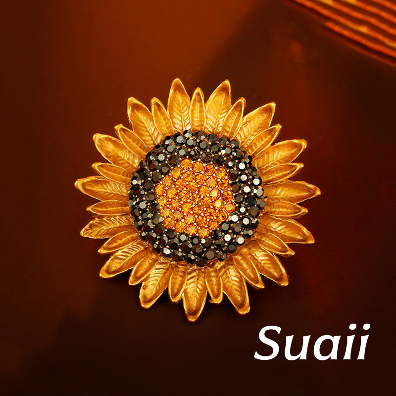 [Suaii] Ikat Dada Pria dan Wanita Elegan dengan Desain Bunga Matahari Palsu Berhias Berlian A645