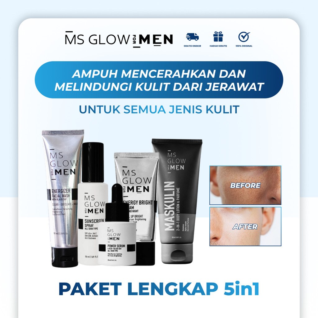 MS Glow Men Paket 5in1 Maskulin Skincare Pria dan Cowok Kulit Berjerawat Ms Glow For Men Original