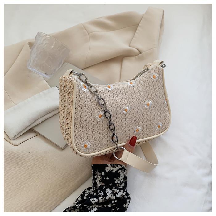 Tas Bahu Wanita Model Korea Bahan Anyam Jerami Motif Daisy Rantai/Shoulder Bag Daisy Model Korea Sel