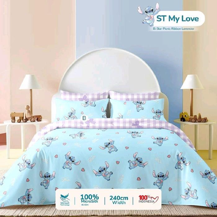Sprei Anti Geser Karakter Anak Stich My Love B Ukuran 90x200 - 100x200 - 120x200 Seprei Karet - 90x2