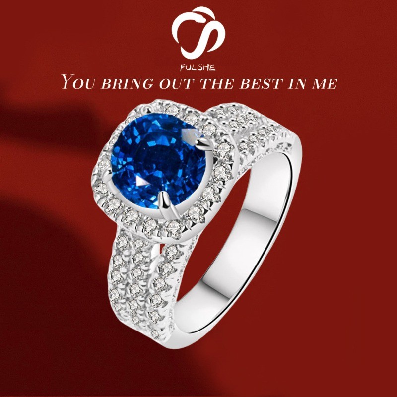 FULSHE Cincin Berlian Gaya Korea Asli Wanita Mewah Biru Zirconia Yang Indah