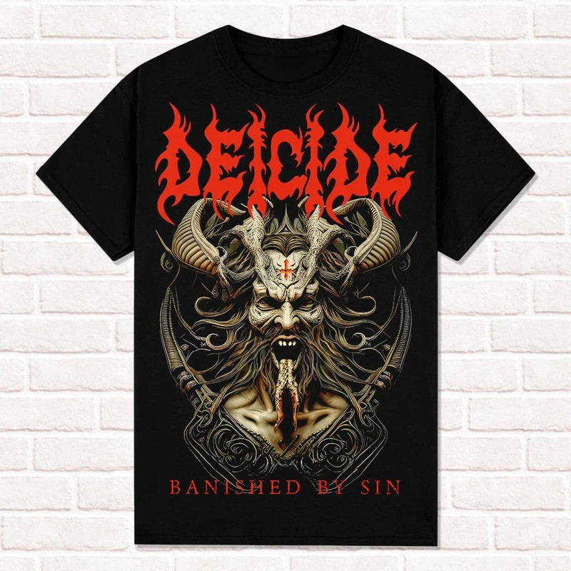 gaya jalanan Kaos Deicide Banished By Sin 2024 Florida Death Metal Gaya Brutal Kaos Atasan Unisex Le