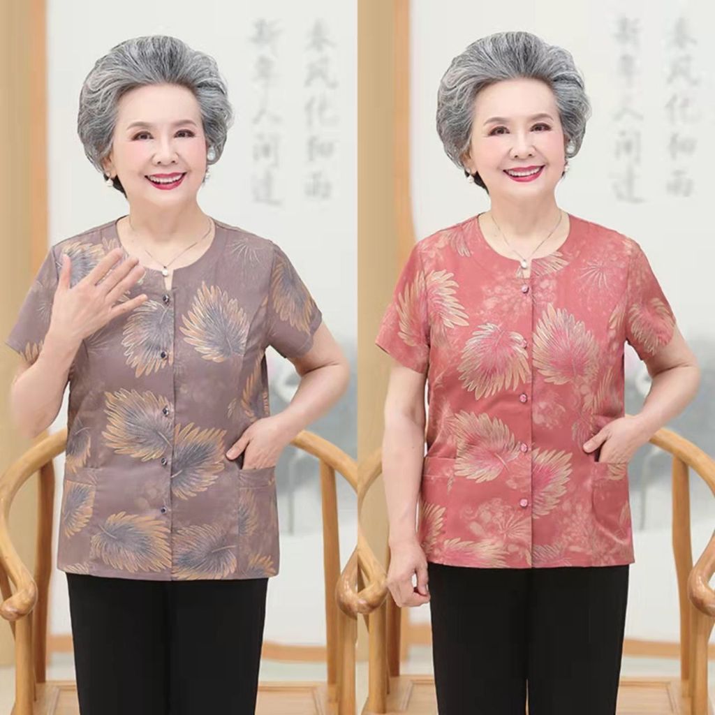 Nenek baju lengan pendek wanita musim panas lengan pendek orang tua atas pakaian ibu