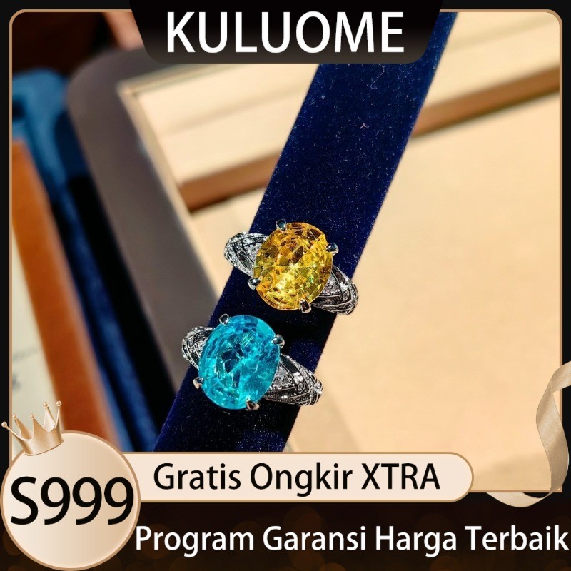 KULUOME Cincin Berlian Kuning Simulasi Aquamarine Topaz Cincin Batu Permata Warna Terbuka s999
