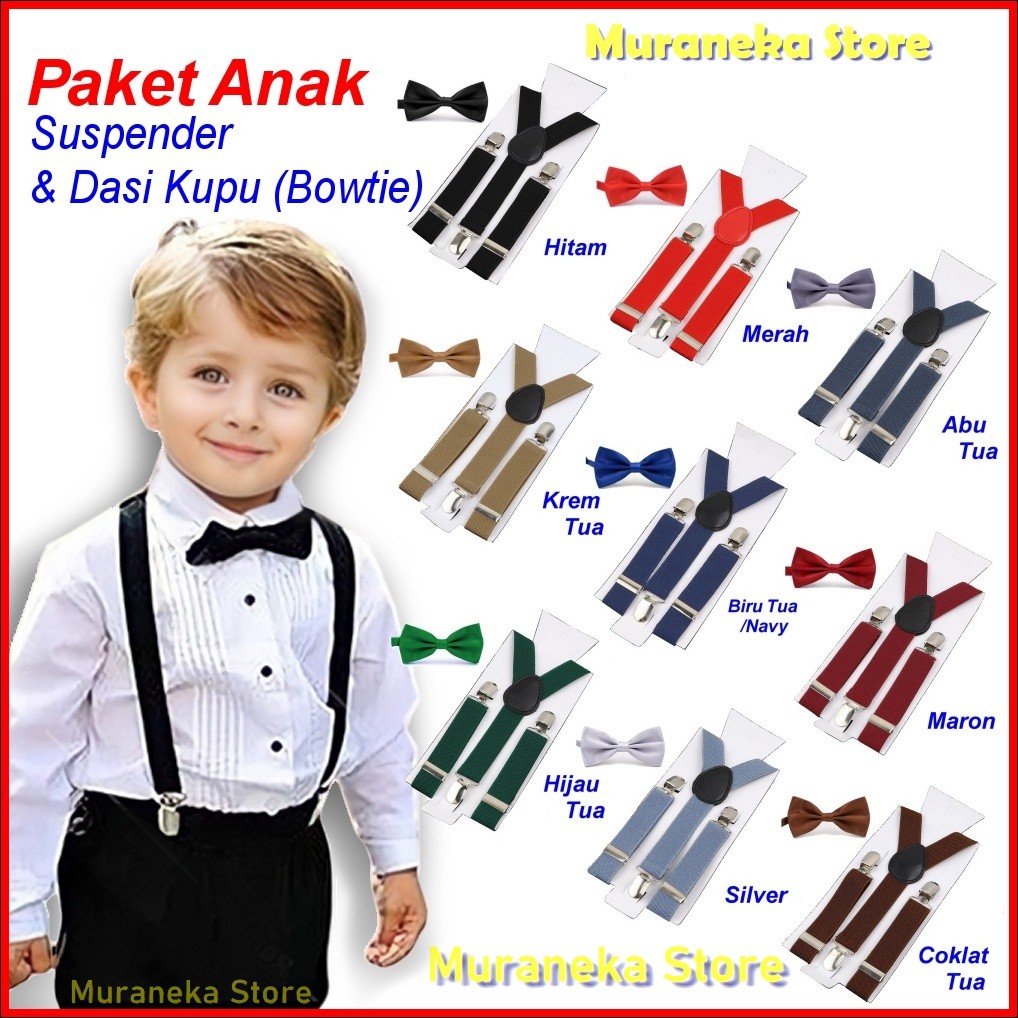 hanarayun - PAKET Suspender Bretel ANAK Dasi Kupu Bowtie Balita Laki Hitam Pesta Bayi Anak2 Wedding 