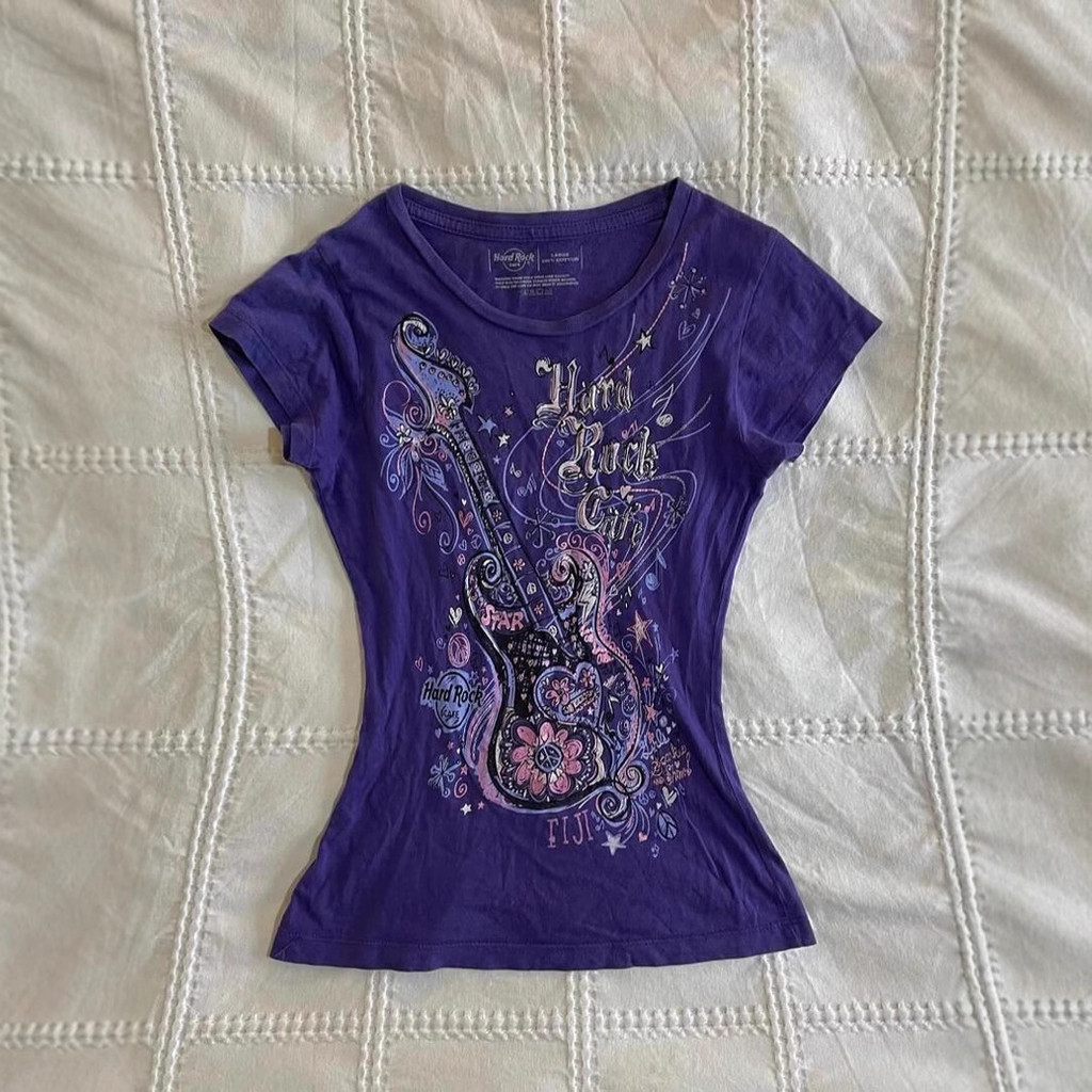 Y2K Atasan T-shirt Amerika Vintage Vintage ungu batu gaya desain gitar cetak lengan pendek wanita pi