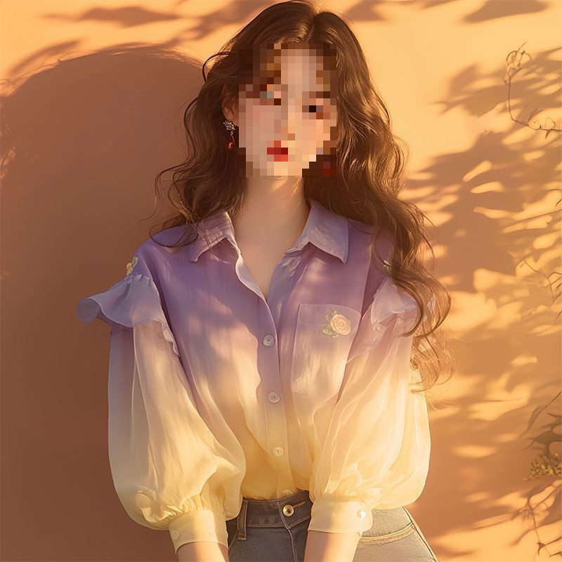 Kemeja Chiffon Ungu untuk Wanita Niche Baru Unik Lengan Puff Gradasi