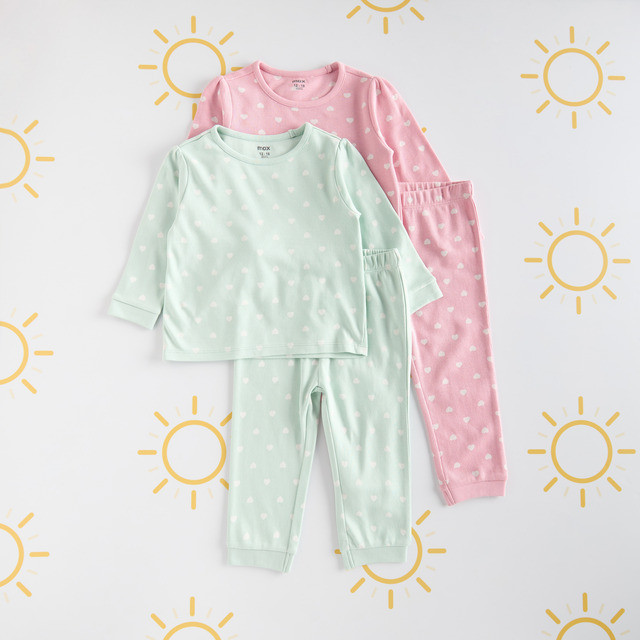 Max Fashions Baju Anak Perempuan Pack of 2 - All-Over Heart Print T-shirts and Pyjamas