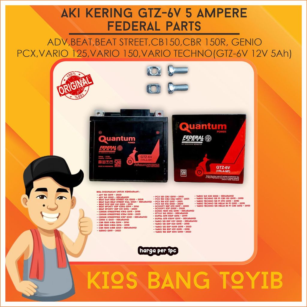 Aki Federal QUANTUM GTZ-6V 12v 5aH Beat FI Vario 125 ADV PCX 125/150/160 Scoopy Genio MF ORI Kering