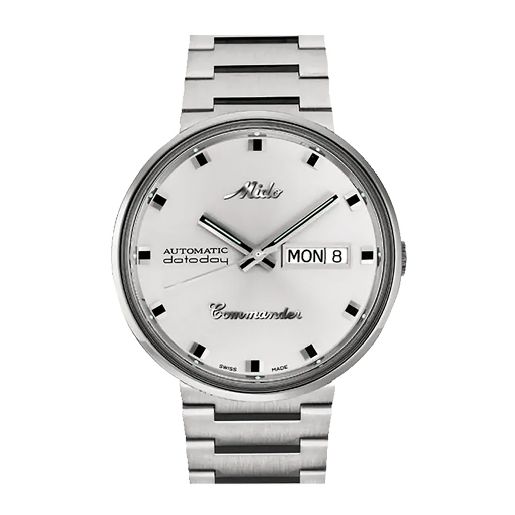 Jam Tangan MIDO Commander 1959 M842942123 Datoday Men Silver Dial Stainless Steel Strap
