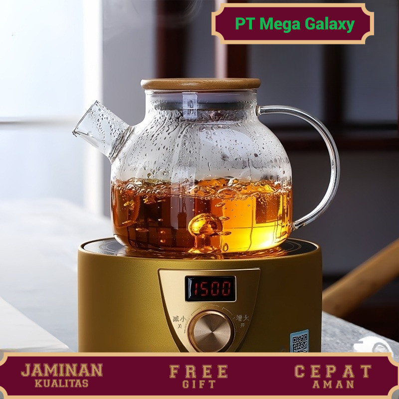Teapot Teko Teh air panas kaca dengan tutup kayu anti panas High Borosilicate berkualitas tekko kaca