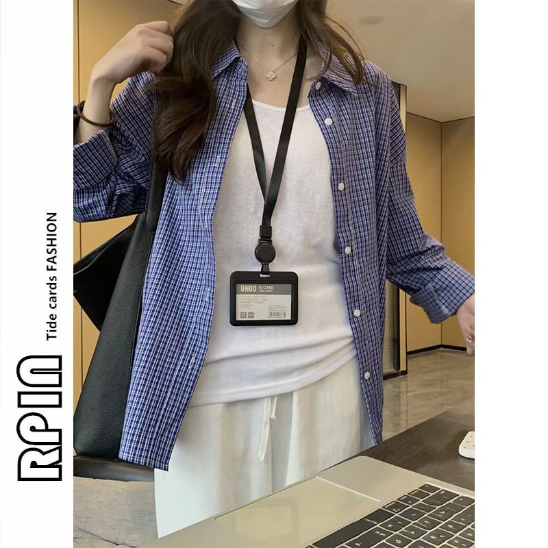 Wanita retro biru kemeja kotak-kotak lengan panjang longgar pasangan kemeja jaket