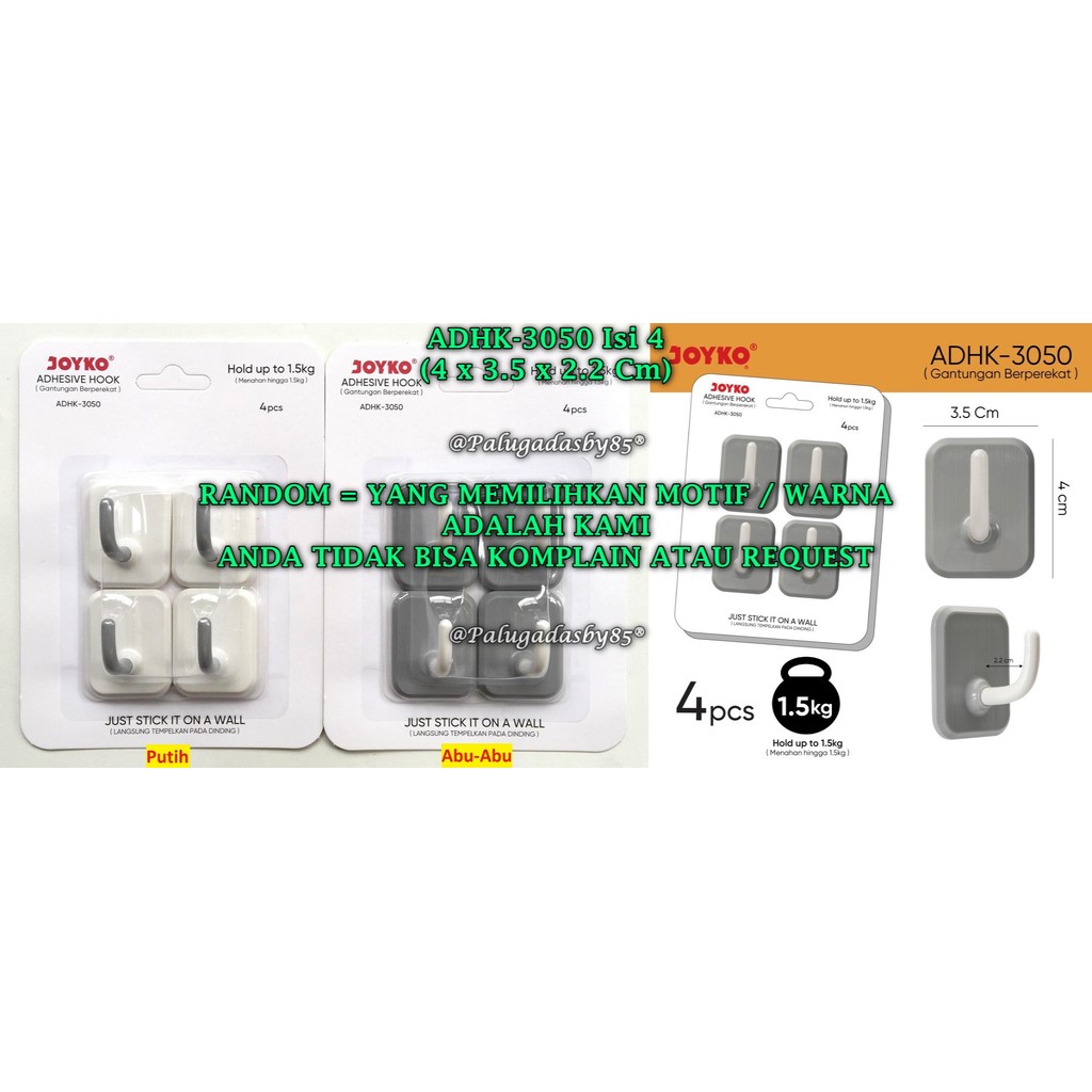 (1 Set) GROSIR Gantungan Tempel JOYKO ADHK-3050 Plastic / Adhesive Hook Joyko ADHK-3050 (1 Set)