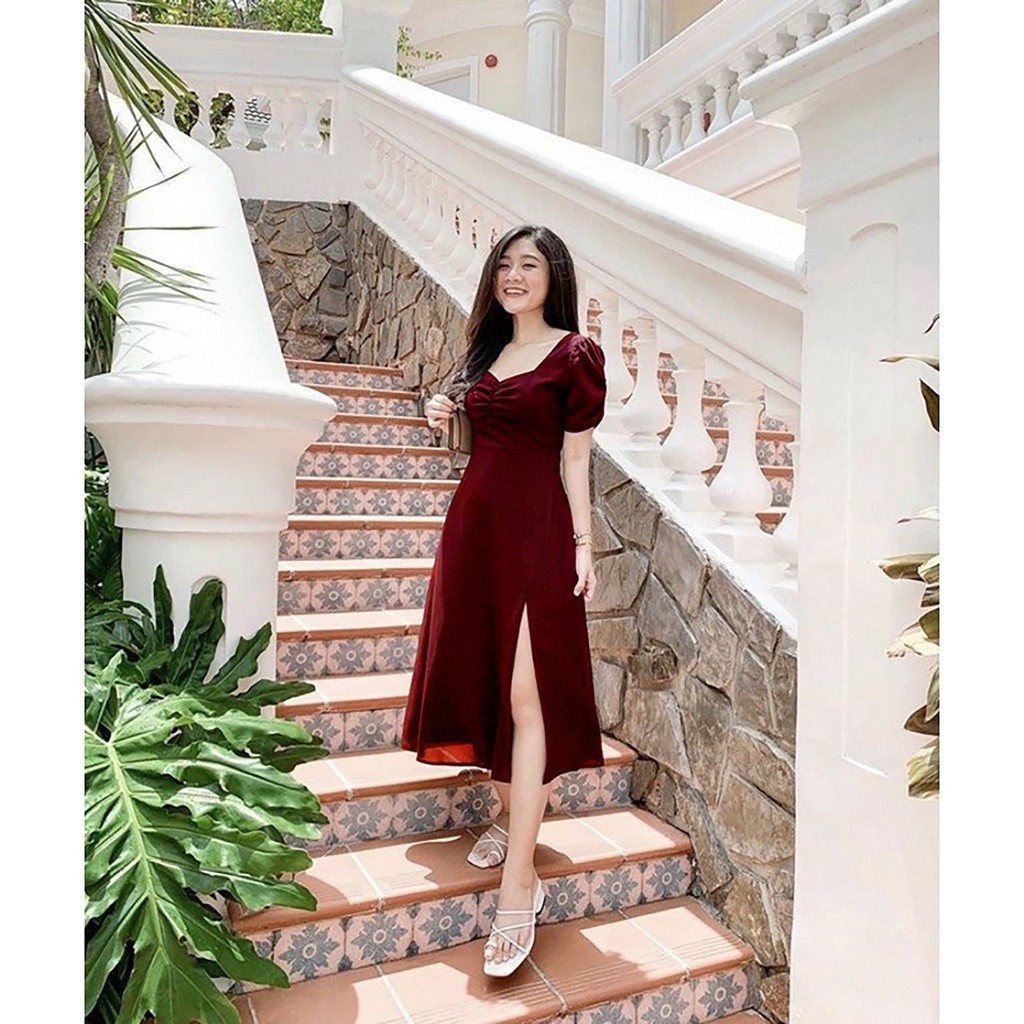 Anisa Midi  Dress Import Selvelees / dress panjang belah paha / dress polos lengan balon terbaru