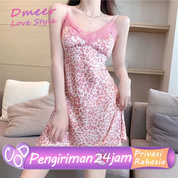 Pink Leopard Sexy Suspender Rok Tidur Renda Wanita Dengan Bantalan Dada Tipis Panjang Tipis Panjang 
