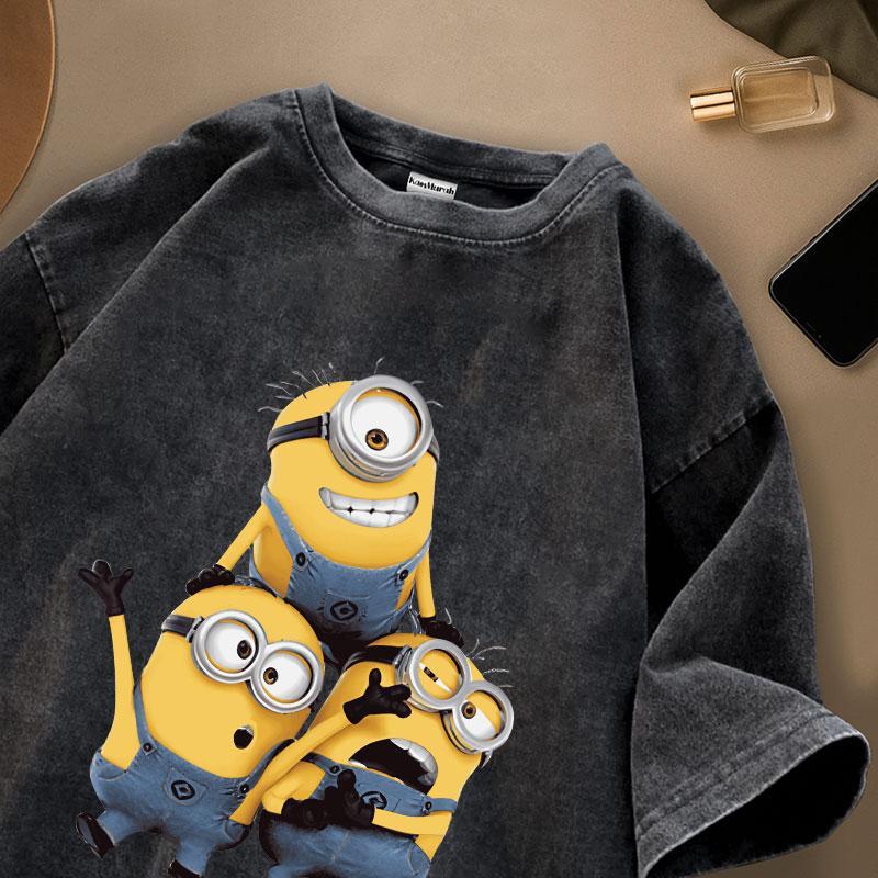 Kaos Murah Id - Tshirt Kaos Lengan Pendek | Motif Minions | Kaos Oversize Warna Hitam Washed | Cotto