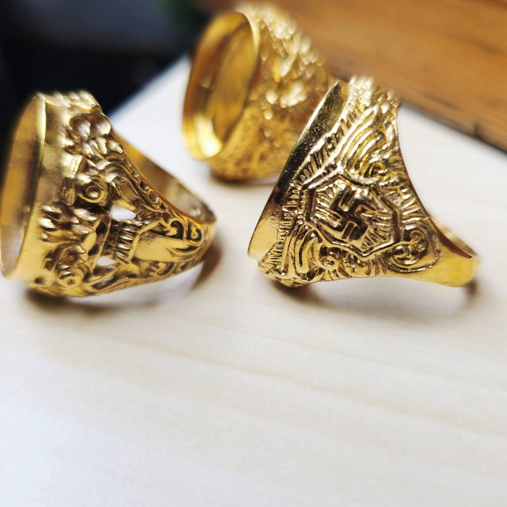 Silver Aries. Emban Ring Titanium MOTIF BALI Warna Gold / Cangkang Cincin Batu Akik Titanium Motif R