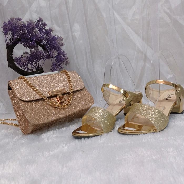 paket tas 2in1 sandal heels dan tas wanita gliter paket sandal kondangan Cewek - 37, paket 2in1