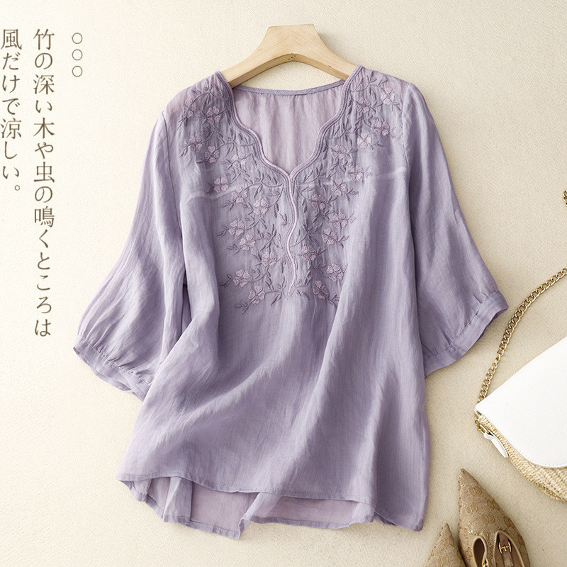 Vintage Lima Lengan V Blus Katun Linen Bordir Kerah