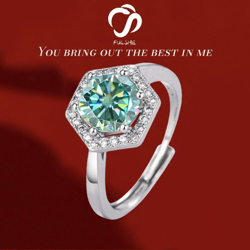 FULSHE Cincin Berlian Asli Zircon Hexagonal Berkilau Biru-Hijau 1 Karat