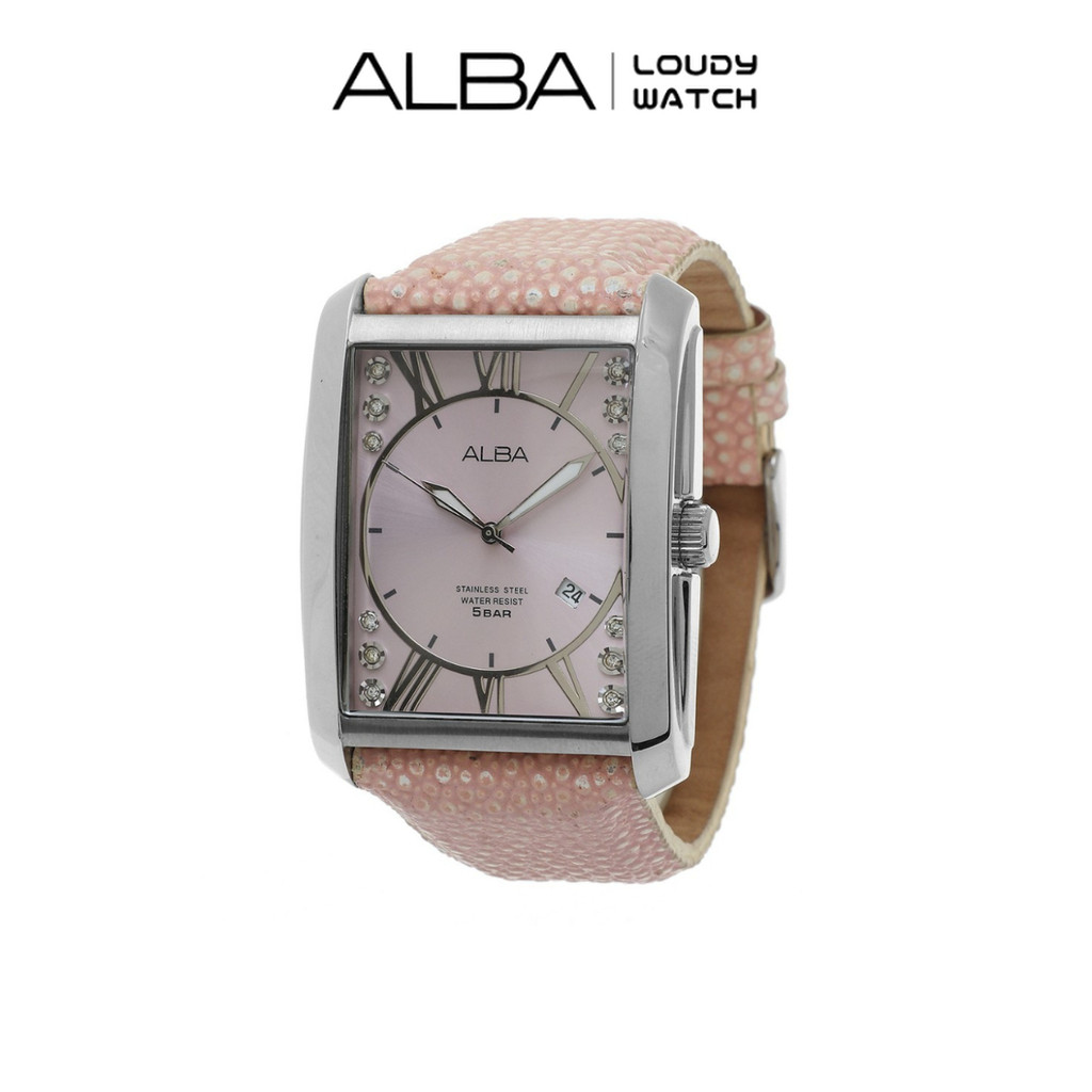 ALBA AG8193 Jam Tangan Wanita Fashion Kotak Quartz Pink Dial Genuine Leather Strap Watch
