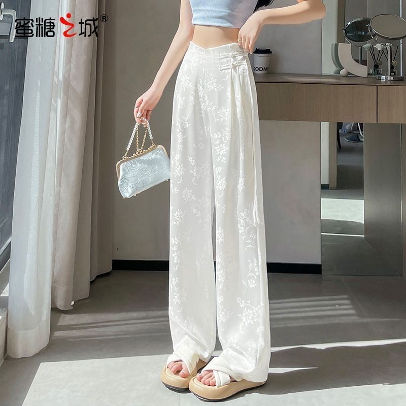 Wanita satin Jacquard lebar kaki celana tipis gaya Cina baru gaya Cina sempit celana lurus