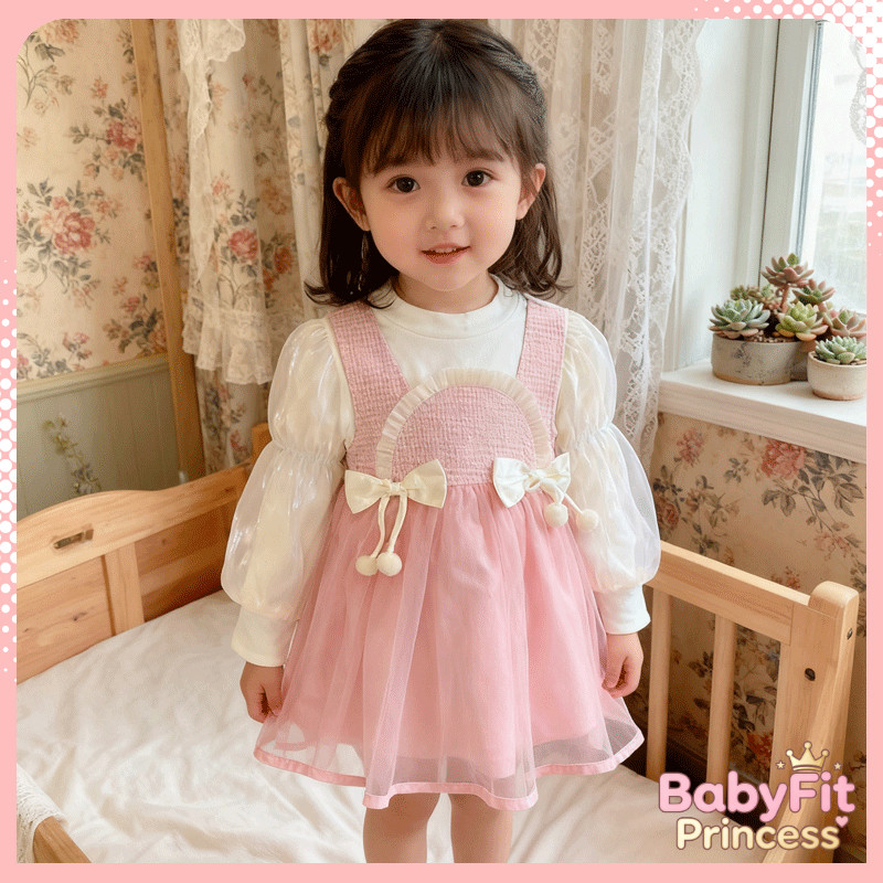 Gaun Bayi Perempuan Lengan Panjang Korean Style - Model Pita Elegan, Cocok Usia 6 Bulan-2 Tahun untu