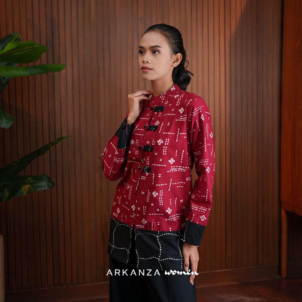 ARKANZA WOMEN Kemeja Batik Cap Hanfu Melati Merah Atasan Wanita Katun Modern Lengan Panjang Cheongsa