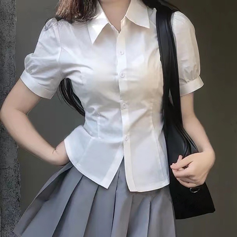 CF45ES Kemeja Putih Wanita Pendek Musim Panas Desain Baru Lengan Puff Ceruk Pinggang Ramping Atasan 