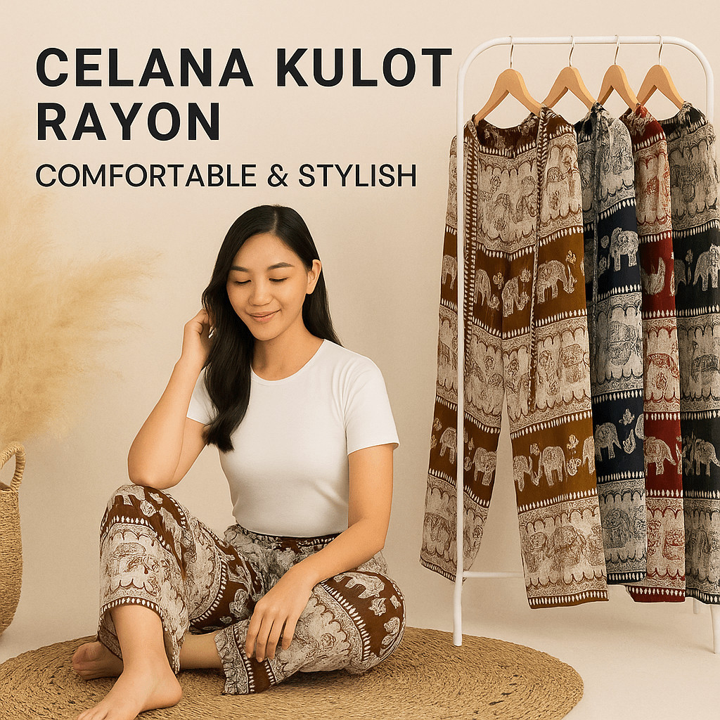 Celana Kulot Panjang Unisex Pria Wanita Rayon – Batik Motif Etnik Gajah Kekinian Adem & Nyaman