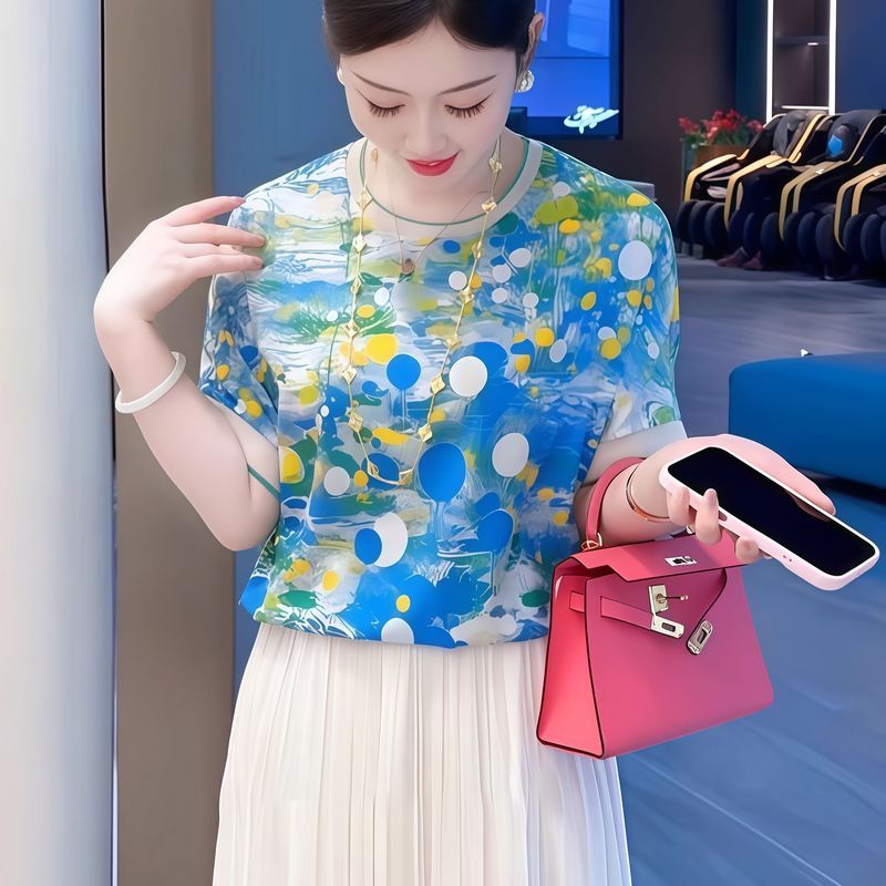 Tie-dyed round-neck short-sleeved chiffon shirt loose top