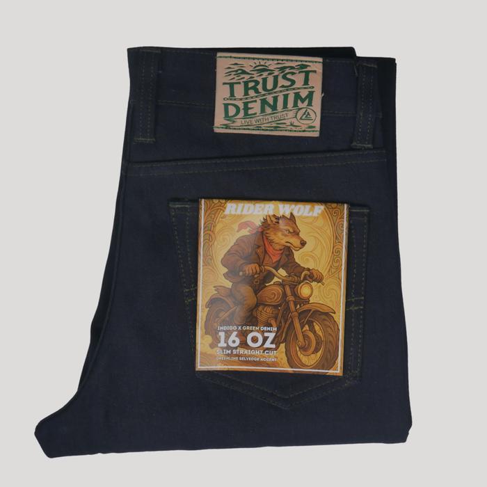 TRUST DENIM Wolf Rider Green Weft Indigo Denim | Celana Denim selvedge accent 16oz Slim Straight - 3