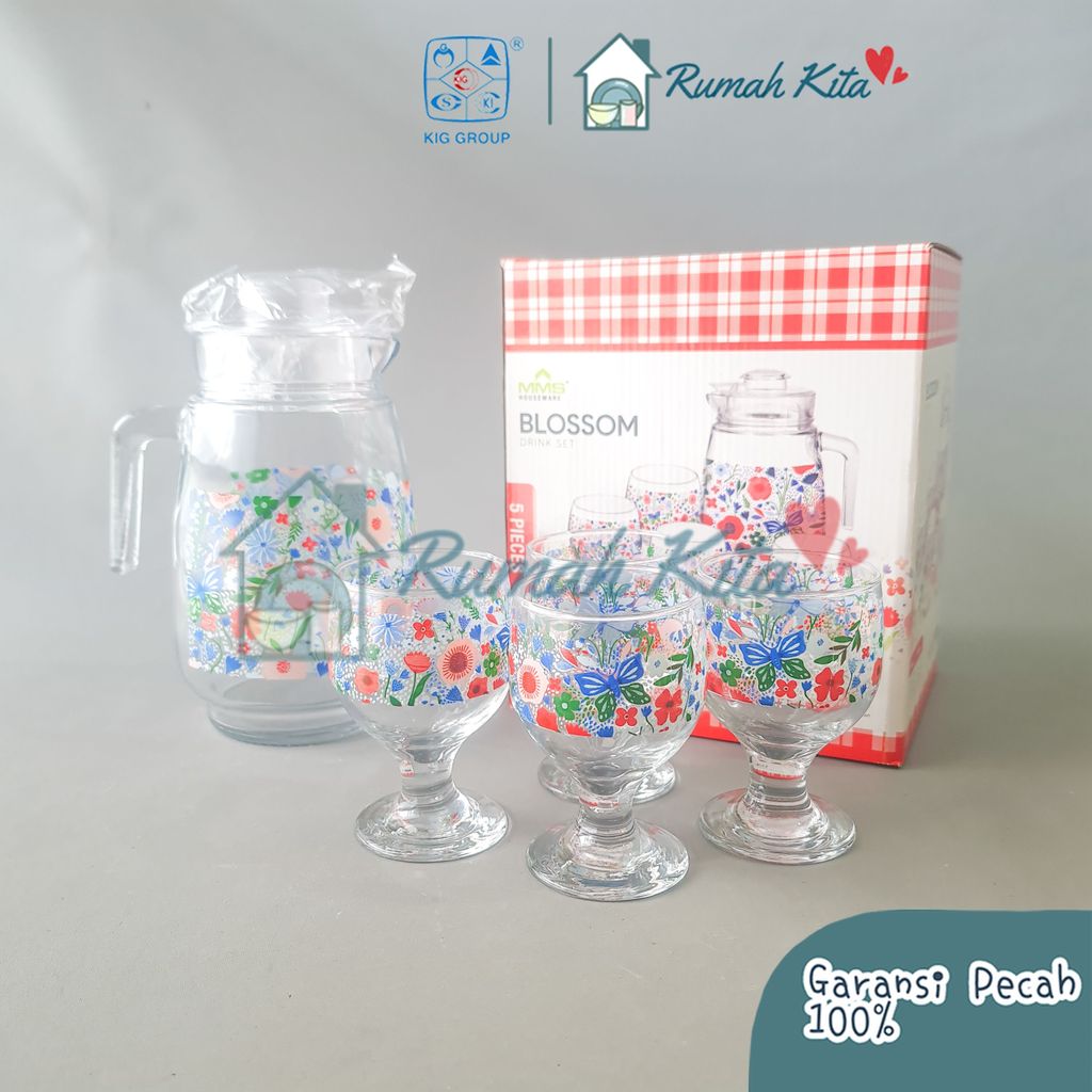 KIG 1 SET Drink Teko Cangkir Set Kaca Cantik BLOSSOM BIRU Pitcher Set Beling Jug Drink Set 4 Gelas G