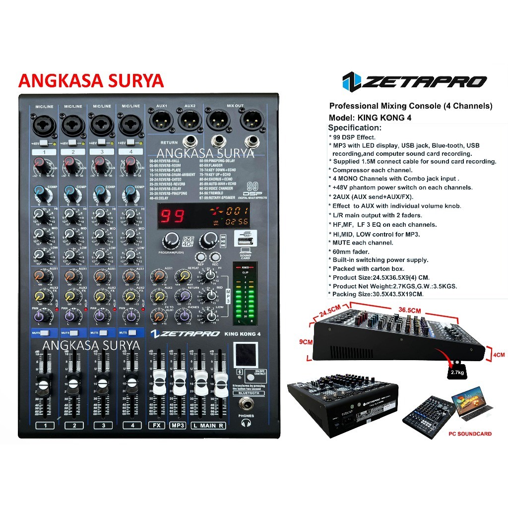 Mixer Zetapro Kingkong 4 Original / Mixer 4Channel Zetapro Kingkong4 Ada Compressor, Effect Reverb 9