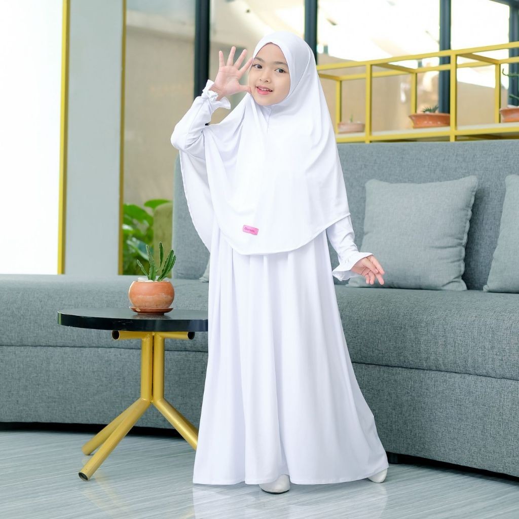 KHAIREEN Gamis Set Hijab Putih Adem Anak Sekolah (0-10 Tahun) Baju Manasik Haji Putih Anak TK Paud S