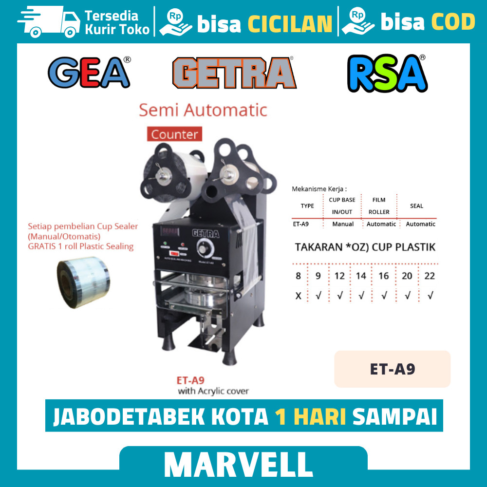 Cup Sealer Semi Otomatis Getra Et A9 Et-A9 Cup Sealer Mesin Segel Gelas Cup Plastik 9-22Oz Garansi
