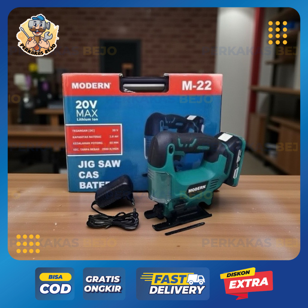 MODERN M-22 JIGSAW CORDLESS 20V – Mesin Gergaji Baterai Portable Untuk Kayu & Triplek Portabel - Per