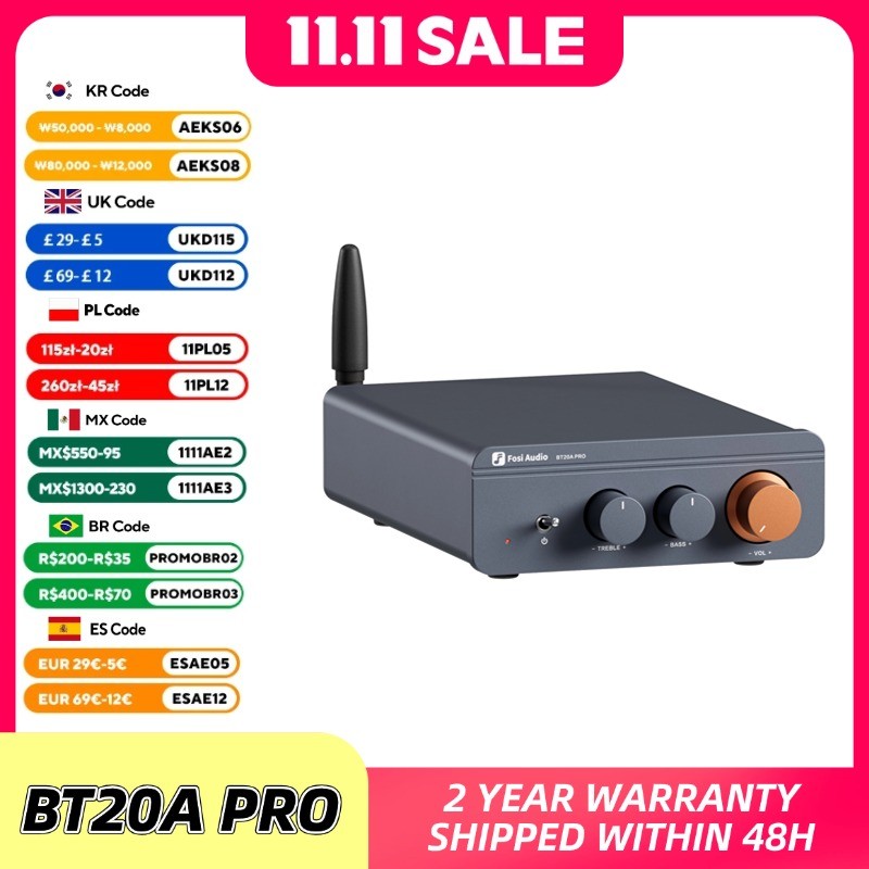 Fosi Auo BT20A Pro TPA3255 Bluetooth Sound Power Amplifier 300W x2 Mini HiFi Stereo Class D Amp Bass