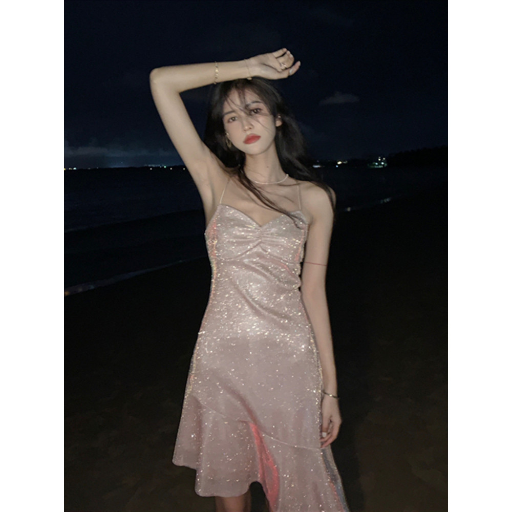 YIMTIA gaun rose gold pesta mewah dress wanita tanpa lengan premium korean style kekinian dress eleg